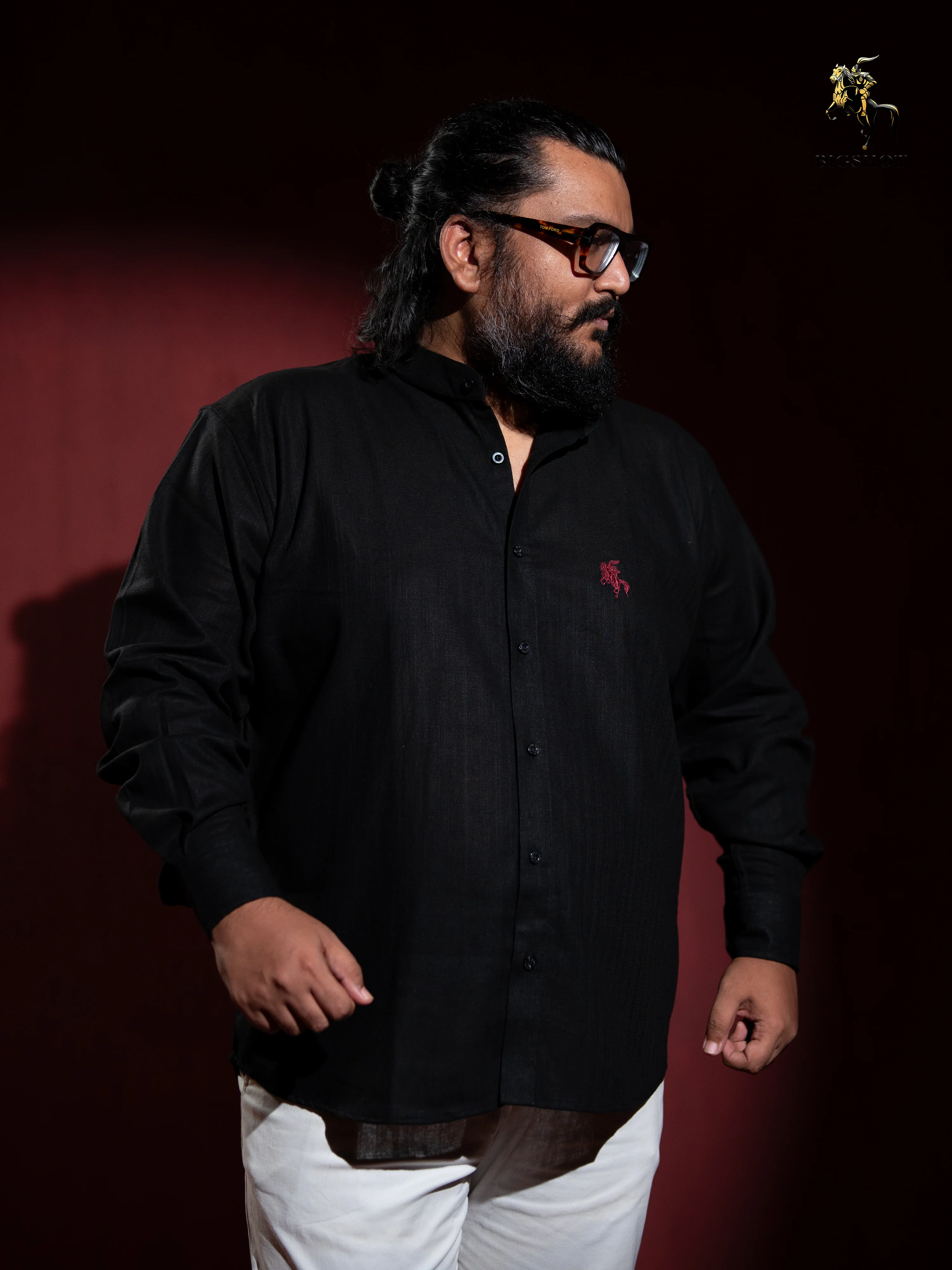 Old Money Ban Collar Linen Shirt - Black - Image 2